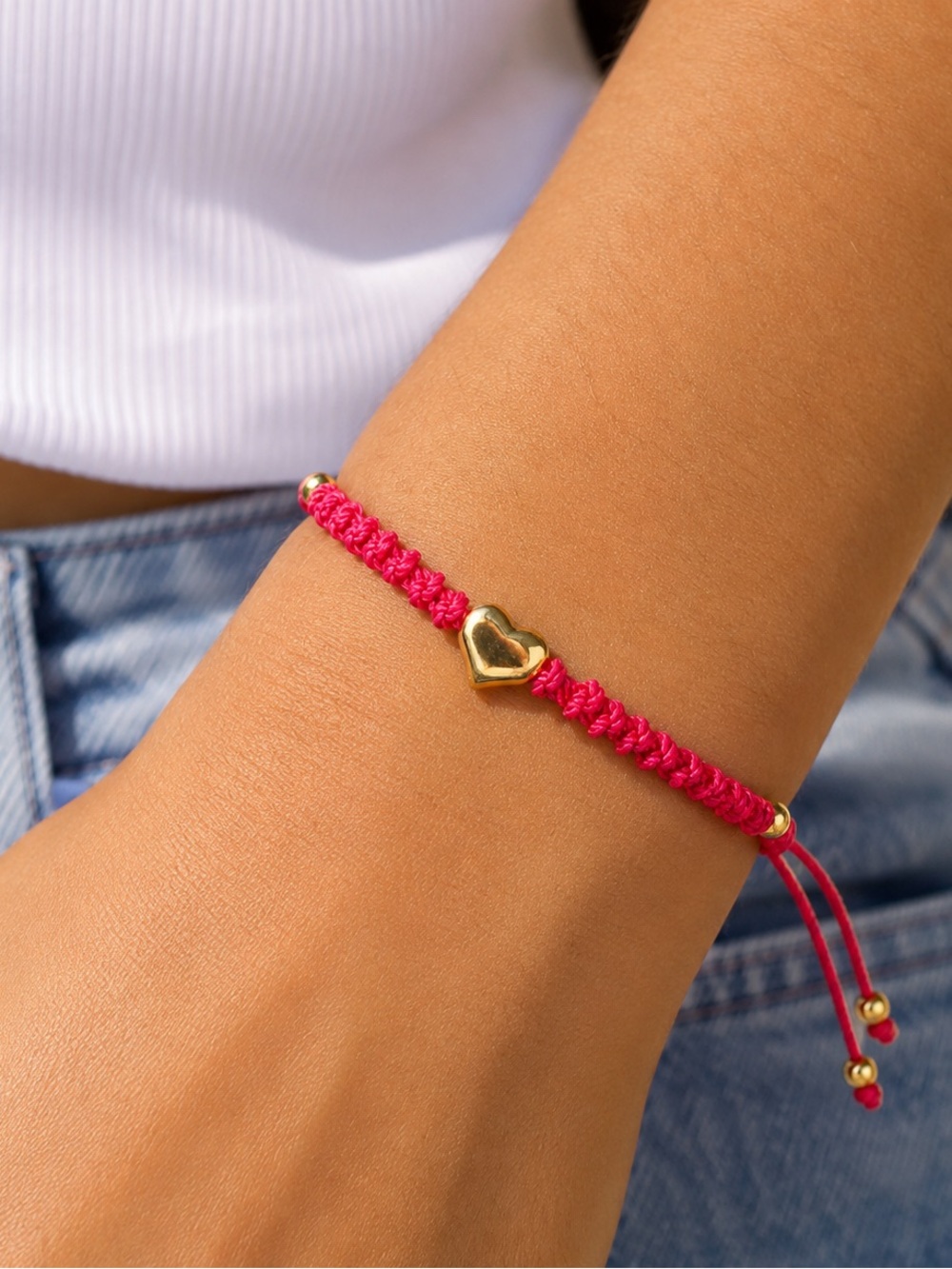 Handmade Fuchsia Macrame Stainless Steel Puffed Heart Adjustable Bracelet Bold